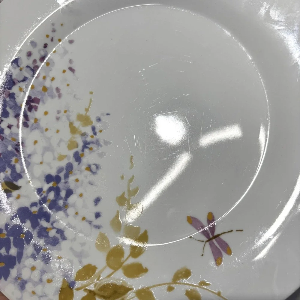 Gibson Everyday Wisteria Dragonfly Dinner Plates Set of 4 Purple Floral 90s